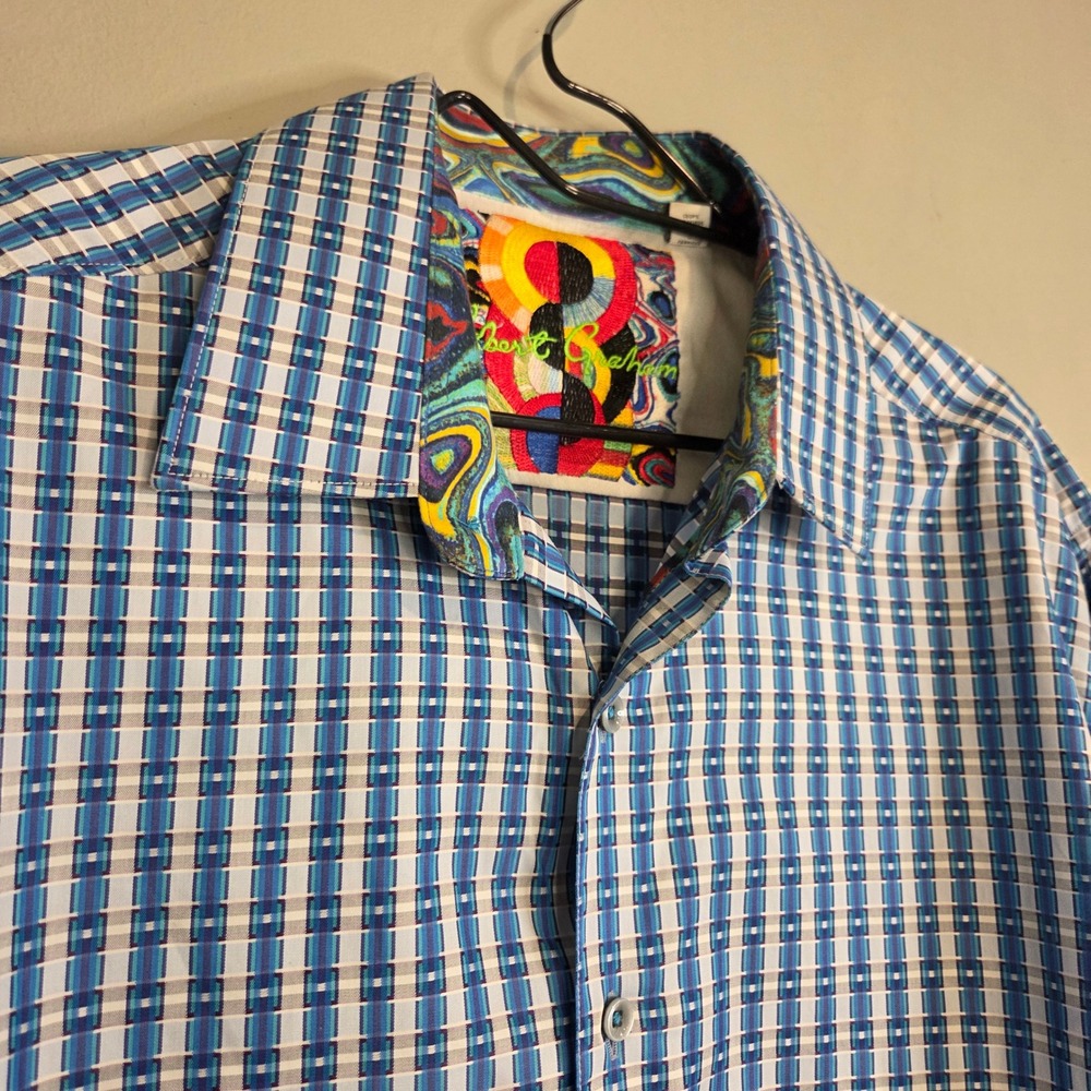Robert Graham Mens Large Blue Check Button Down Shirt Psychedelic Contrast Cuffs
